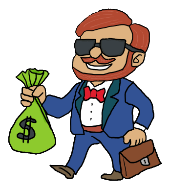 Fun design of a suit-wearing rich guy carrying a sack of money and a briefcase. For the guy who has everything.