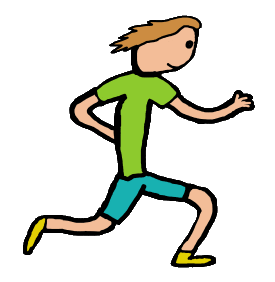 Colourful hand drawn stick figure style runner in action with blue top and red shorts