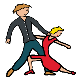 Salsa dancing design shows a salsa dance couple in a classic pose - him  stood up while she looks away on the floor with arm outstretched.  A fun graphic for salsa dancers.