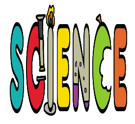 A fun science design shows word Science with various laboratory images such as a microscope, bunsen burner, tubes and a half-eaten apple.