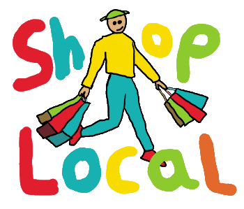 Shop Local shows happy shopper helping small businesses and saving the planet by shopping locally.  Support local shops by visiting them and keeping the local economy alive!