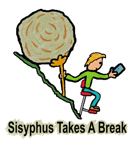 Even Sisyphus needs a break from time to time and this fun design shows Sisyphus holding back the the rock with one hand while checking messages and fun stuff on mobile phone. It will be back to work soon enough so enjoy the moment with this cool 