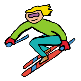Skiing design shows ski expert speeding down a slalom run. Shows skis, ski poles, goggles and flowing hair as downhill skier reaches top skiing speed.