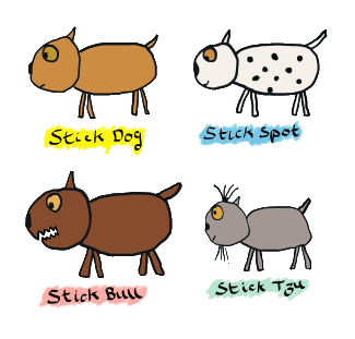 Four funny stick dogs - normal, dalmatian, pit bull and shih tzu - in cartoon graphic style