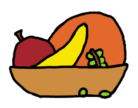 Still life graphic fruit bowl design with apple, orange, banana and grapes in a bowl.