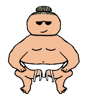 A Sumo wrestler stands in squat position facing opponent. Wears mawashi with strings and hair in a tight bun. Fun Sumo design for followers of this Japanese sport.