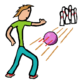 Fun ten pin bowling design with stick figure bowler sending tenpin bowling ball towards the pins.