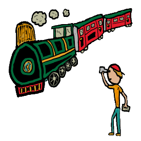 Trainspotting hobby design shows steam train and carriages being observed by a trainspotter with binoculars and notebook.  Waiting for the right train to come along - train spotting is an absorbing and interesting hobby to observe these magnificent engineering creations.  A fun graphic for train spotters, railway buffs and steam engine enthusiasts.