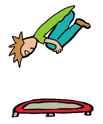 Trampoline design shows a trampolining expert doing a forward roll in mid-air with knees tucked up to chest.  The trampoline is way below and the trampoliner keeps eyes firmly fixed on the eventual bouncing position.