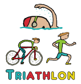 Triathlon design shows swimming, running and cycling competitors with the word Triathlon in the below. A fun graphic for people who like a tough physical challenge.