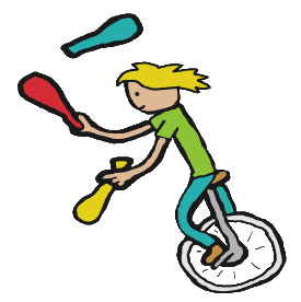 Unicycle juggler with three wooden clubs