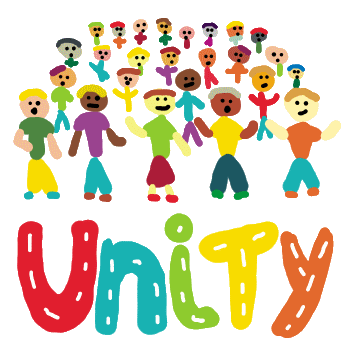 Unity design features a crowd of different stick people standing above the large UNITY lettering. Colorful and warm graphic to show the power and joy in Unity.