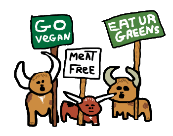 Vegan design shows an animal protest with placards encouraging a vegan lifestyle.  Get the vegan message across in a fun friendly way.