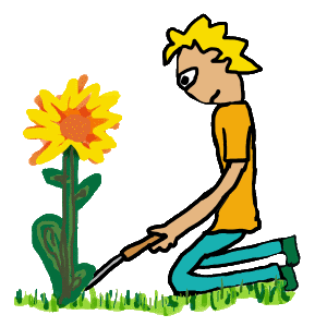 Weeding Lawn design shows a keen gardener tackling a very large garden weed in his prize lawn.