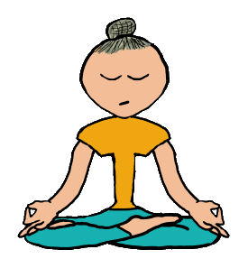 Yoga Pose shows person sitting cross-legged with back of hands resting on legs.