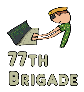 77th Brigade design shows a British soldier working at a keyboard as part of the UK Cyber War defence team. 