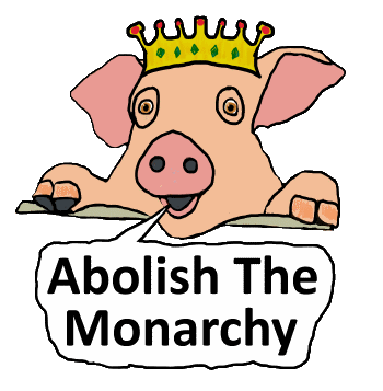Abolish The Monarchy features a crown-wearing pig saying the words 