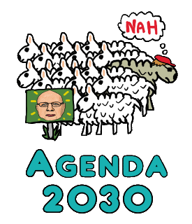 Agenda 2030 shows the sheep flocking to their WEF New World Order leader.  Not everyone believes in the World Economic Forum plan for us.  At least one sheep has the right idea.  Fun design to make a point.
