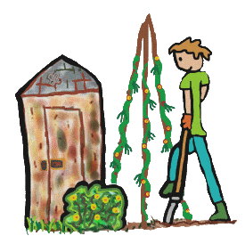 Allotment gardening design shows keen gardener digging on an allotment vegetable patch, tending a community garden and looking after their plot of land.  There are vegetables growing and a shed in the background.  For people who grow their own and dig the results.
