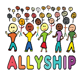 Allyship design shows a diverse group of people standing together. A fun inclusive graphic to celebrate social justice activism in a cool bright image with a strong message.