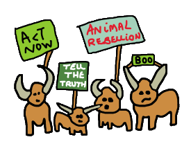Animal Rebellion animal rights protest graphic with cattle and placards