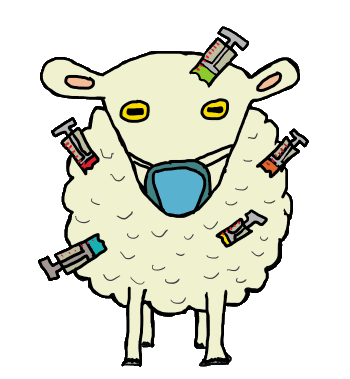 Anti Vax Booster Sheep design shows an obedient sheep with multiple booster shots. Double-masked and compliant, the graphic makes a point about never-ending vaccinations.