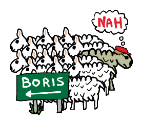 Humorous Anti Boris design shows the sheep following the Boris sign while one intelligent sheep heads off in a different direction. For people who have had enough of Boris.