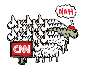 Anti CNN design shows the sheep flocking to the CNN sign, obeying instructions and queuing up for their daily dose of propaganda. Not all sheep believe it. Our hero in this anti CNN graphic says 