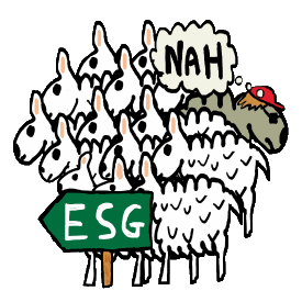 Anti ESG design shows the sheep following the ESG sign. Our hero black sheep heads a different way. aware of the phony weaponized scam that is ESG.