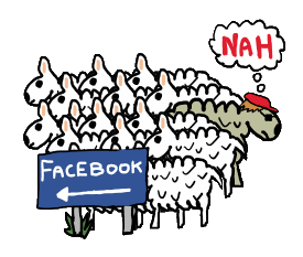 Anti Facebook design shows sheep flocking to the social network.  