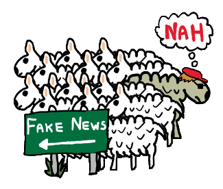 Anti Fake News shows a flock of sheep following the Fake News sign. There is one sheep who chooses a different direction. A humorous design with a point to make about Fake News, deception and the need to go your own way.