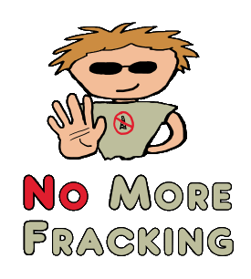 Anti Fracking design shows a protester with hand up, wearing a stop fracking symbol. The No More Fracking statement below makes the point. A fun anti-fracking graphic to put a smile on protest.
