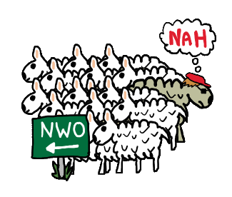 This anti New World Order design features unaware sheep marching in the direction of the NWO sign. One sheep is saying 