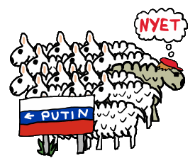 Anti Putin features sheep following the Russian flag sign with Putin written on it.  Our thinking anti Putin hero sheep heads off the other way saying 