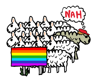 Anti Rainbow shows the sheep following their latest flag. Our anti woke hero sheep chooses a different path, away from the forced narrative of rainbow politics.