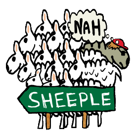 Anti Sheeple shows the sheep following the sign to wherever. Obeying the latest instructions from their masters. One sheep has the right idea and chooses their own direction. Humorous anti sheeple design.