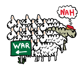 Anti War Sheep shows a flock of sheep heading in the direction of the WAR sign while a peace-loving pacifist sheep defies the herd and heads the other way. A cool graphic makes an anti war statement which covers sheep mentality, government and media propaganda, and the effort and bravery required to resist the drumbeat of endless needless war.