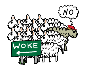 Anti Woke design shows a flock of sheep following the 