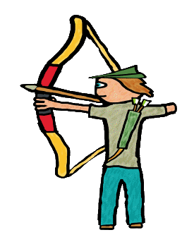 Archery design shows a keen archer holding bow and arrow. Using a traditional wooden longbow, wearing a special archery hat plus a quiver full of arrows in fun graphic for archery fans.