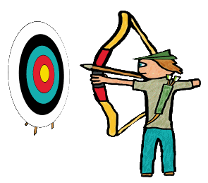 A fun archery design shows archer aiming arrow at competition target. Uses traditional powerful wooden longbow with red grip design and wears quiver and special archery hat!