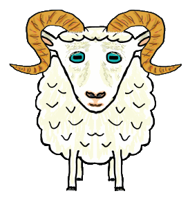 Fun astrological Aries the Ram design features large ram with impressive horns and blue eyes.