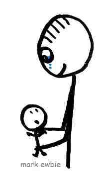 Crying happy-sad stickman father holds new born baby