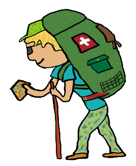 Backpacking design shows a backpacker carrying large rucksack on back with map in hand. Load up the backpack and set off to explore the world, hiking and camping your way around.
