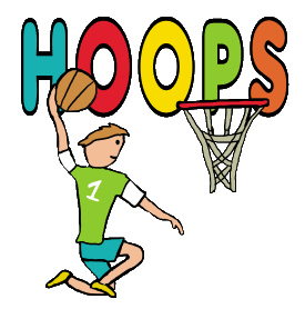 Basketball Hoops design shows player leaping high in the air to slam the ball into the hoop.  Fun graphic for basketball fans and players.