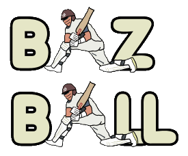 Bazball designs shows the word with a cricketer knocking lumps out of the ball making the 
