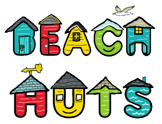 Beach Huts design is a fun graphic showing the words made to look like a row of huts on the beach. For staycations, British seaside holidays and beach hut fans.