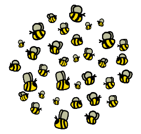 Bees design shows a swarm of hand drawn bees flying around in a fun graphic that could be about saving the planet or just for people who like bees.