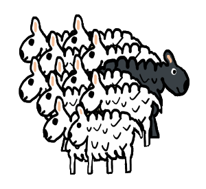 Fun Black Sheep drawing shows a flock of conforming sheep with one rebellious individual heading in the opposite direction. The black sheep chooses freedom, free thought and individuality over the herd mentality of the sheeple.