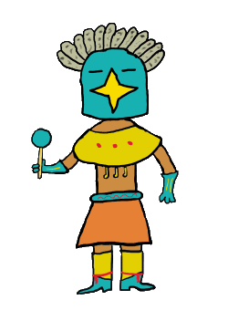 The Blue Star Kachina from Hopi prophecy foretells of a great earth shaking. This fun bright image is a simple colourful representation of the mask and costume worn by the Hopi dolls.