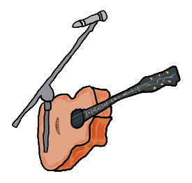 Busking design shows acoustic guitar and microphone stand in a fun image for street performers and musicians.